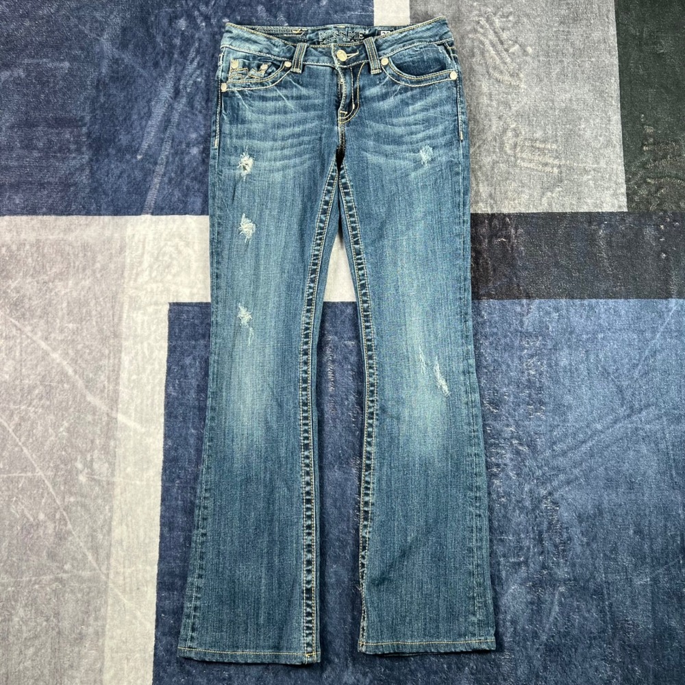 Miss Me Sunny Bootcut Jeans Blue Distressed Embellished Flap Pocket Size 28